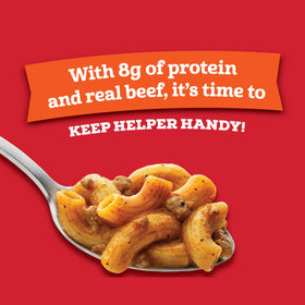 Hamburger Helper Chili Macaroni cup beef chunks visible for on-the-go protein.