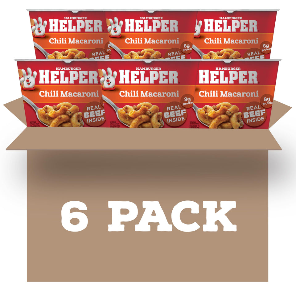 Hamburger Helper Chili Macaroni microwave cup assembly for a quick weeknight meal.