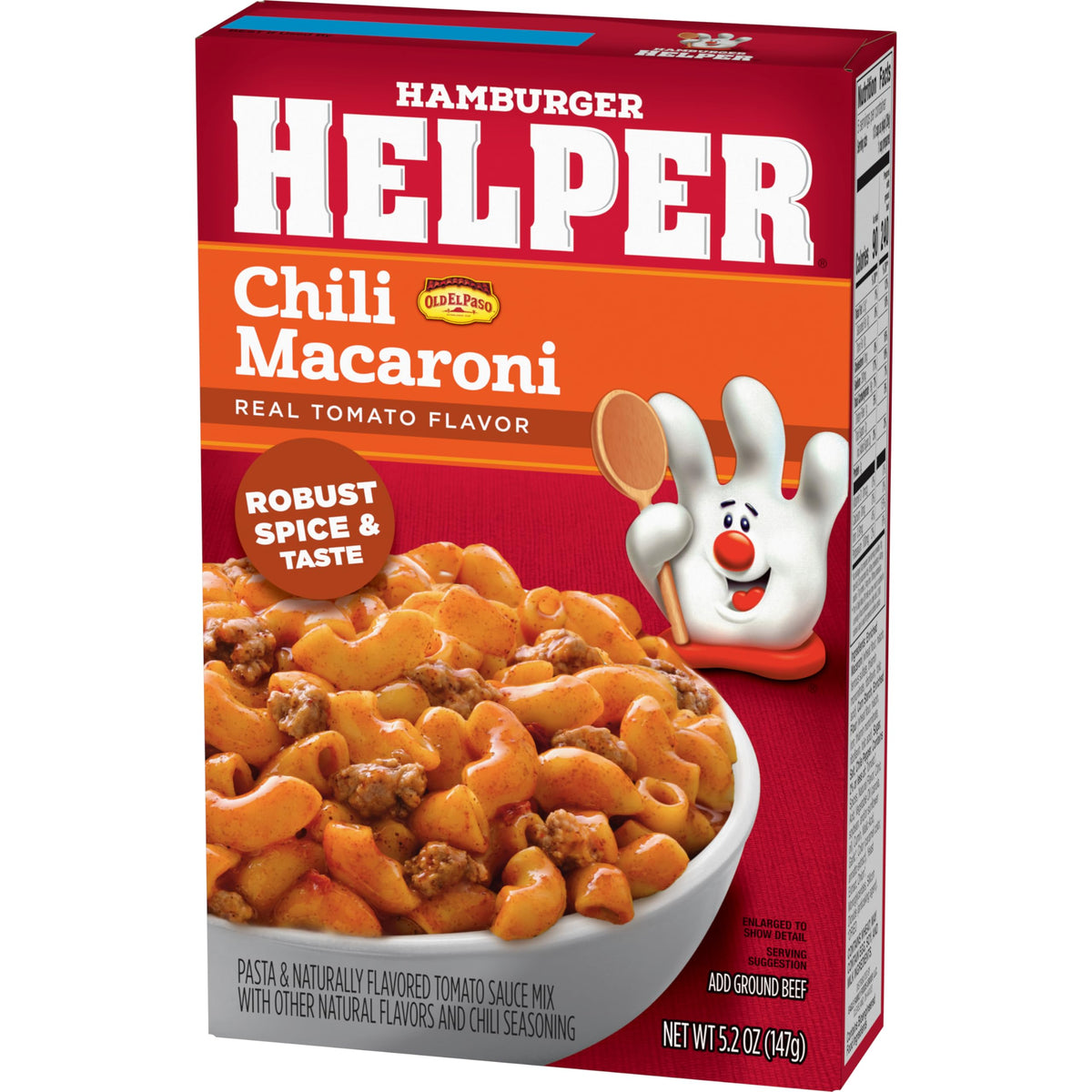 Hamburger Helper Chili Macaroni simmer sauce pictured, ideal for easy three-step meals.