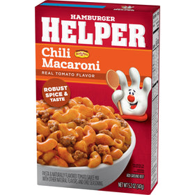 Hamburger Helper Chili Macaroni simmer sauce pictured, ideal for easy three-step meals.