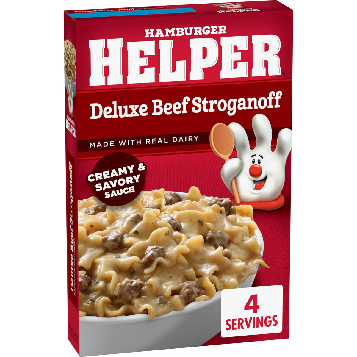 Creamy beef Stroganoff skillet with rich cheese sauce.
