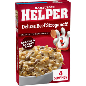 Creamy beef Stroganoff skillet with rich cheese sauce.