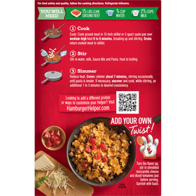 Hamburger Helper adding diced tomatoes and shredded cheese to customize taste