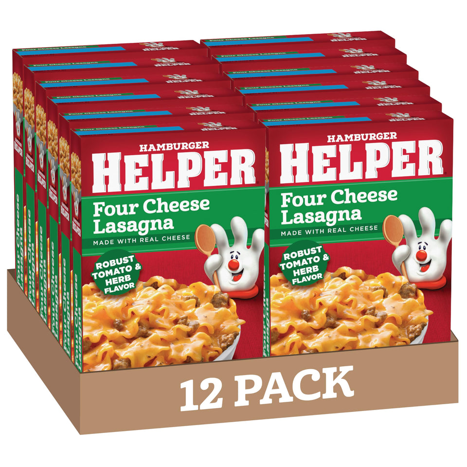 Hamburger Helper Four Cheese Lasagna box with Italian herbs for a quick family dinner