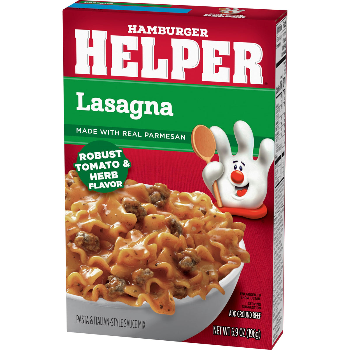 Hamburger Helper Pasta Lasagna mixes in sauce and pasta for easy prep.