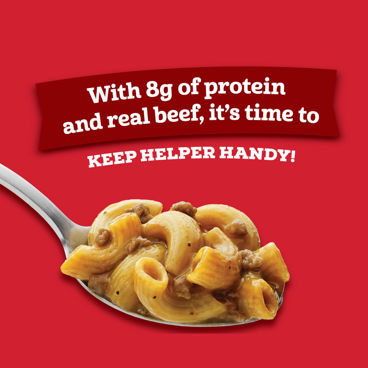 Hamburger Helper real beef visible in creamy sauce; satisfying snack or meal option.