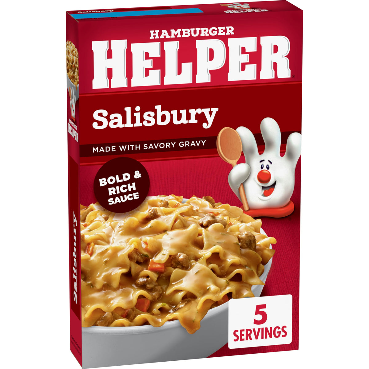 Hamburger Helper Salisbury pan with simmering sauce for a tasty meal.
