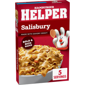 Hamburger Helper Salisbury pan with simmering sauce for a tasty meal.