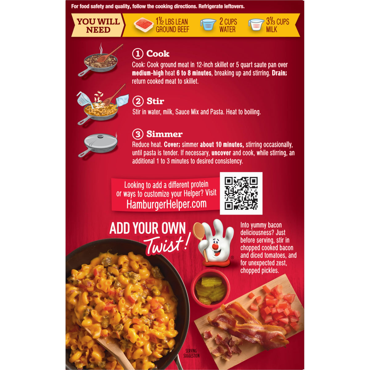 Hamburger Helper stirring sauce and noodles during simmer