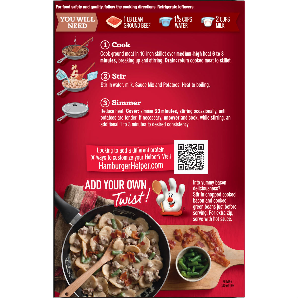 Hamburger Helper three-step cooking method depicted on box.