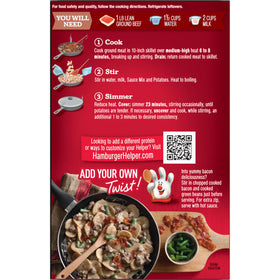 Hamburger Helper three-step cooking method depicted on box.