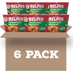 Hamburger Helper Tomato Basil Macaroni Cup six-pack packaging for quick weeknight meals.