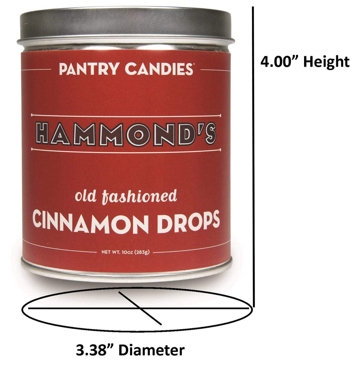 Hammond's Candies Cinnamon Drop Tin back label, gluten-free and Kosher certified.