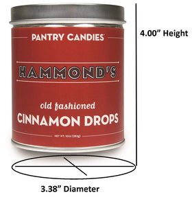 Hammond's Candies Cinnamon Drop Tin back label, gluten-free and Kosher certified.