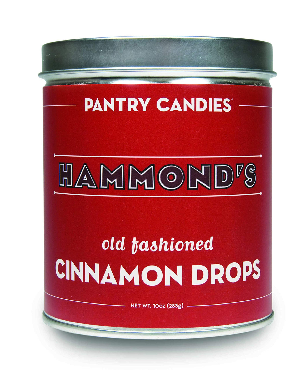 Hammond's Candies Cinnamon Drop Tin front view, nostalgic packaging and decorative display.