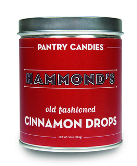 Hammond's Candies Cinnamon Drop Tin front view, nostalgic packaging and decorative display.