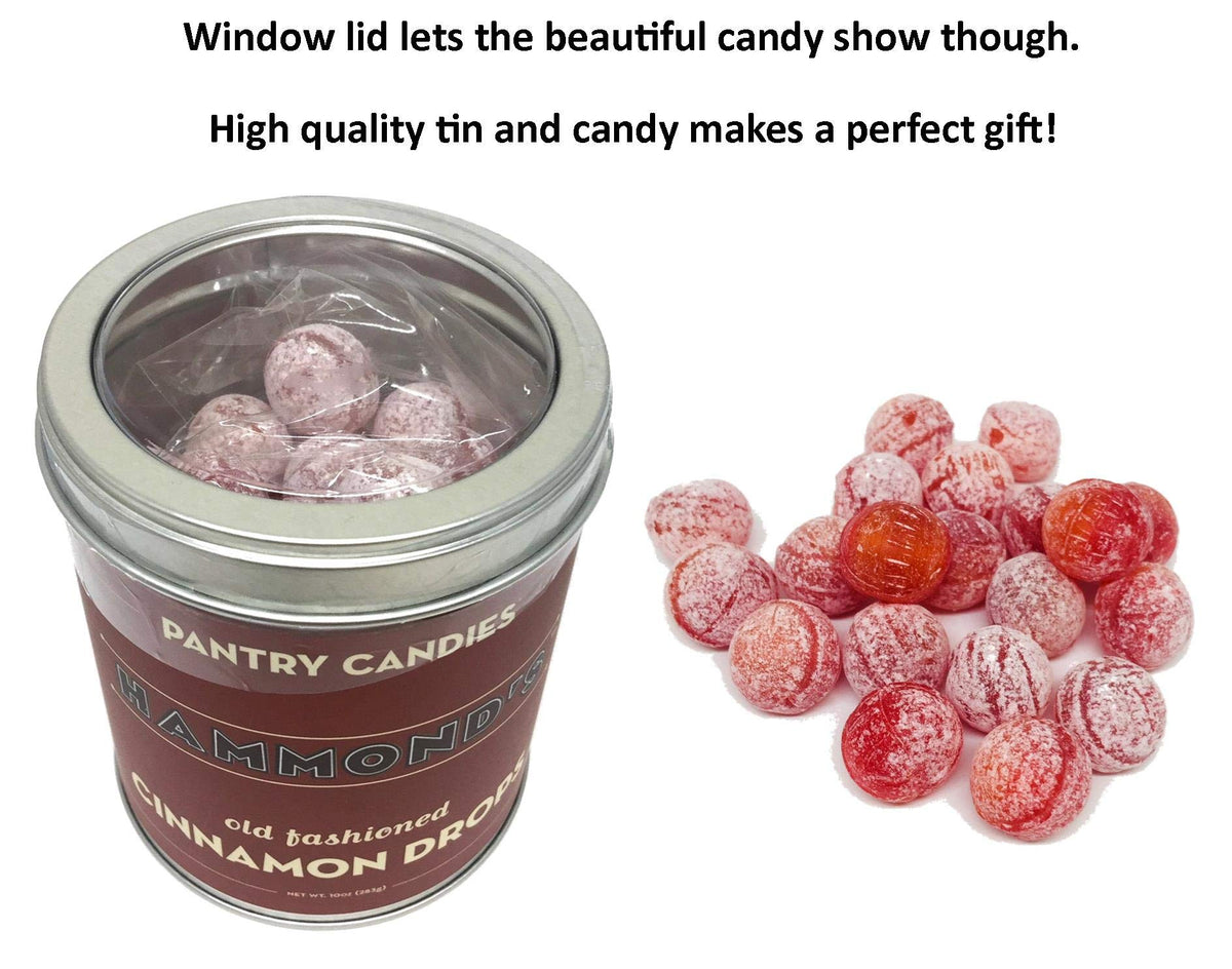 Hammond's Candies Cinnamon Drop Tin open lid showing cinnamon drops.