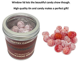 Hammond's Candies Cinnamon Drop Tin open lid showing cinnamon drops.