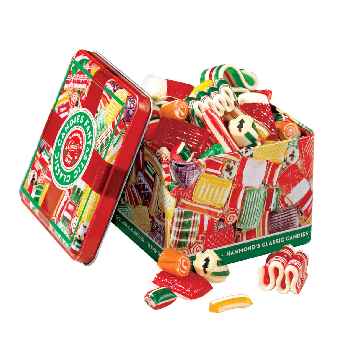 Hammond's Candies decorative tin with ribbon, ideal festive gift and keepsake