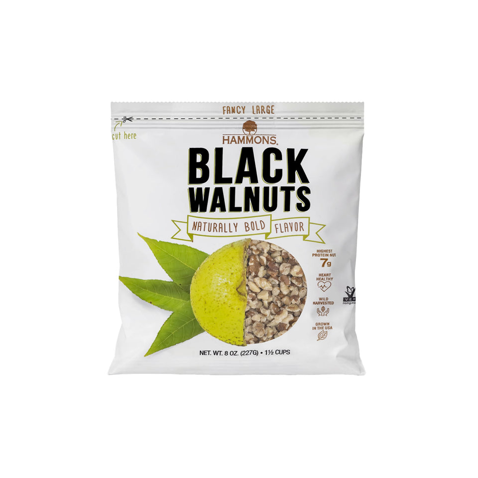 Hammons Fancy Large Black Walnuts in a bowl, wild-harvested and ready for snacking or baking.