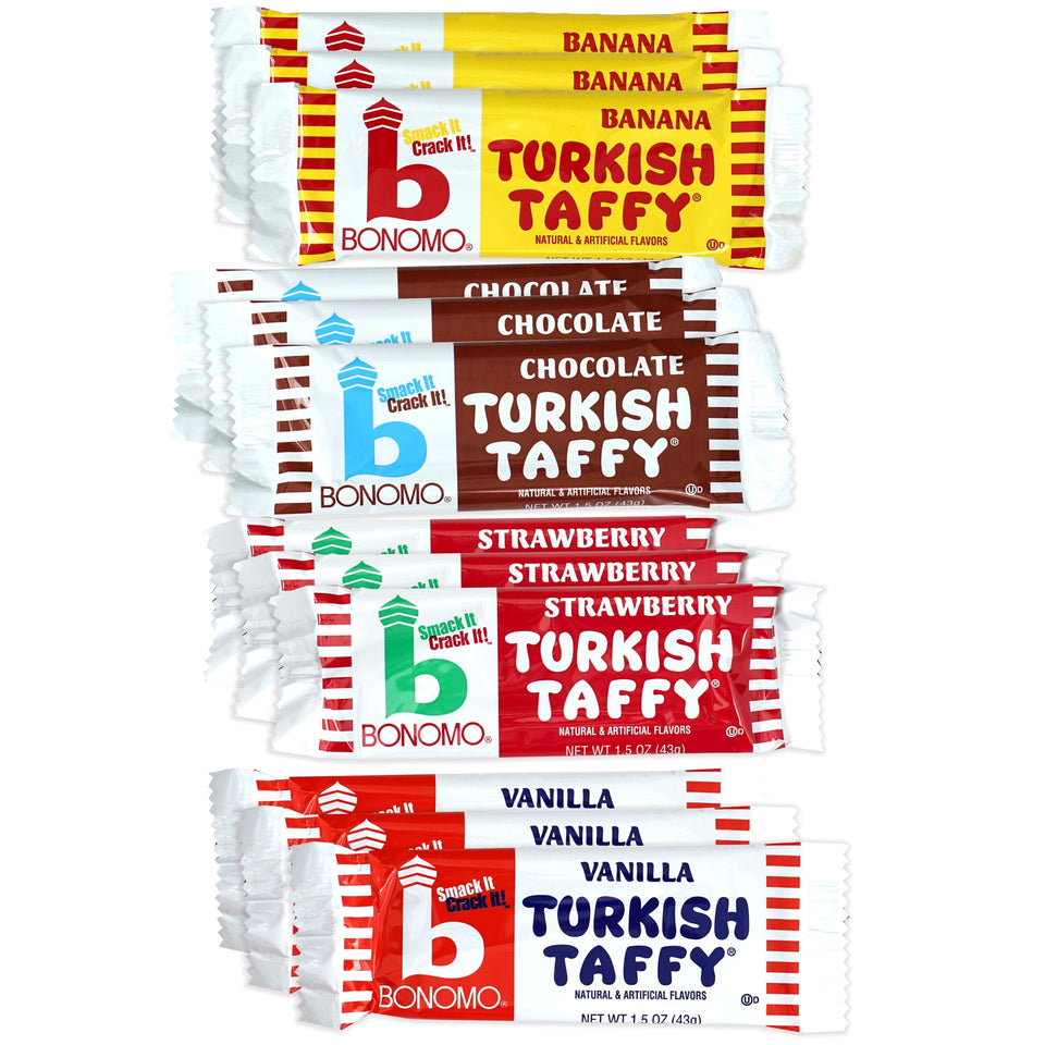 The Hampton Candy Company Bonomo Turkish Taffy strawberry 3-pack; soft, chewy texture ideal for snacking.