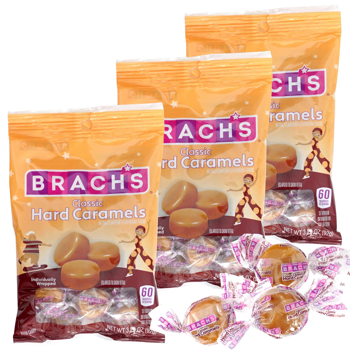 The Hampton Candy Company classic hard caramels packaging shows convenient 3-pack.