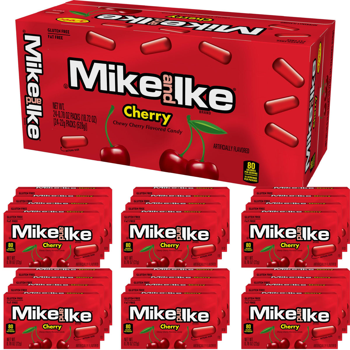 The Hampton Candy Company Mike and Ike Cherry 24-pack box on a shelf, ideal for sharing.