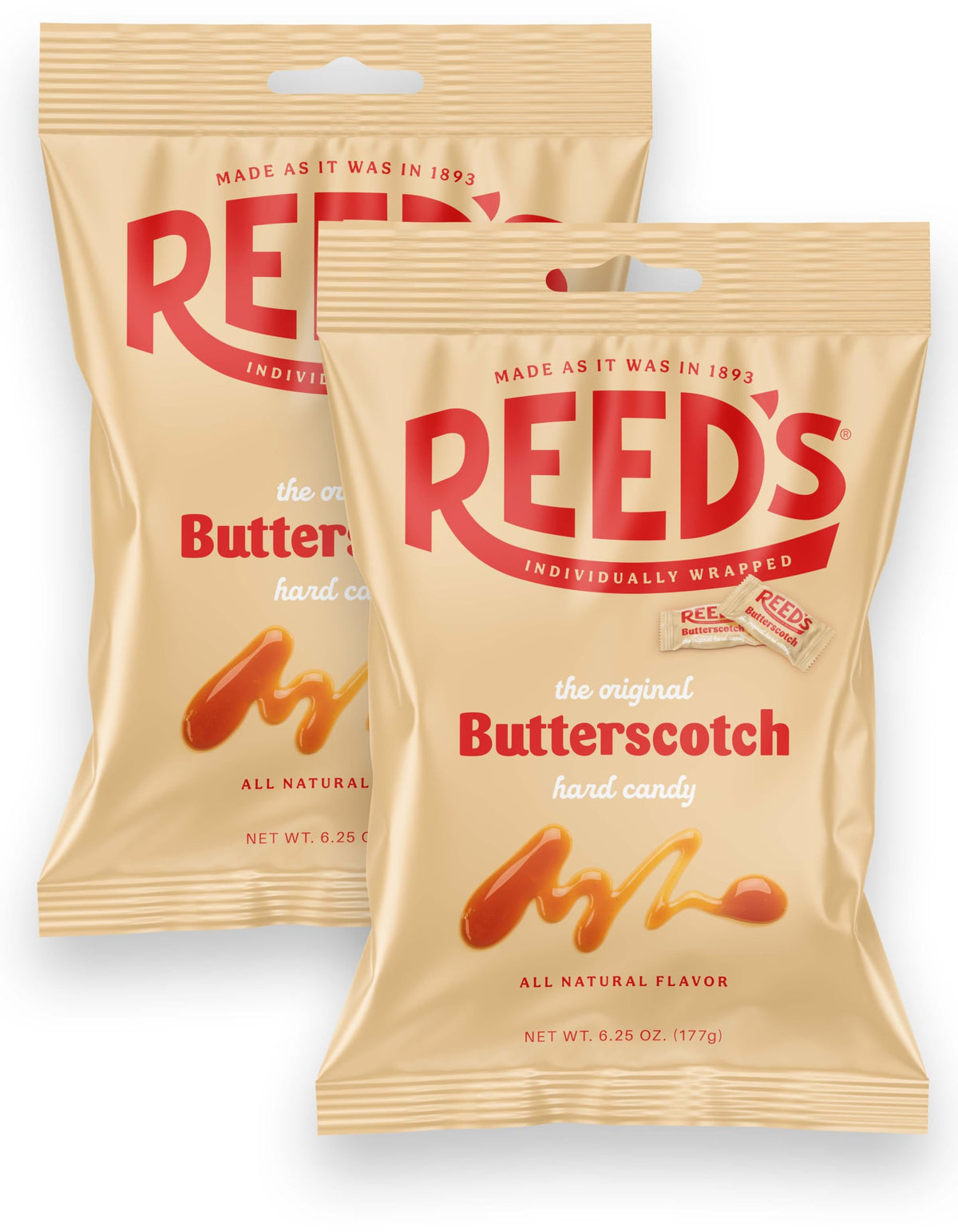 The Hampton Candy Company Reed's butterscotch bag two-pack on display for sharing