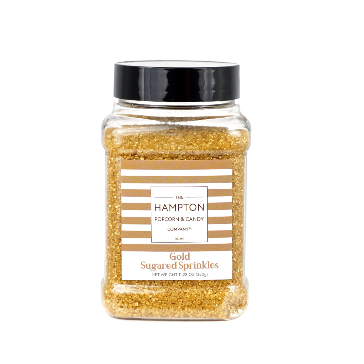 The Hampton Candy Company gold sprinkles enhance ice cream with shimmering texture.