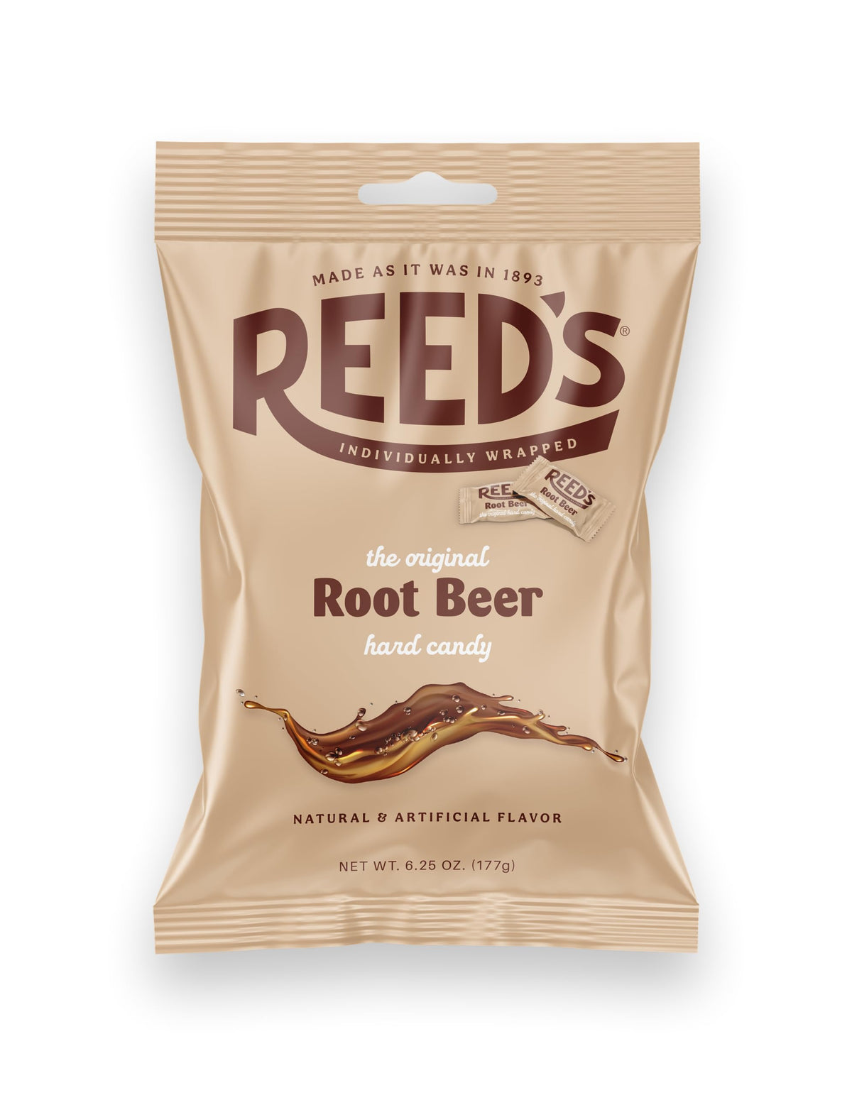 Reed's root beer candy with individual wrappers travels easily for on-the-go snacking.