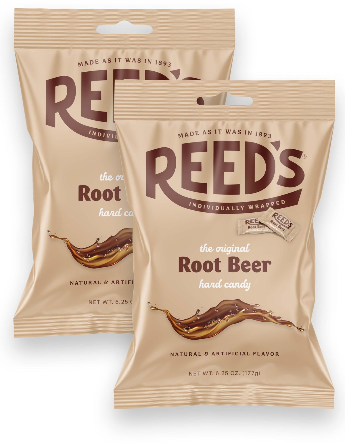 The Hampton Candy Company Reed's root beer candy packs shown for sharing at parties.
