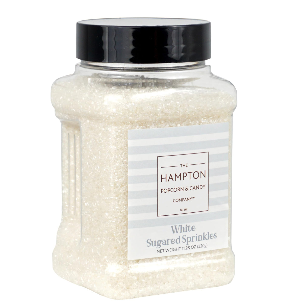 The Hampton Candy Company sanding sugar white sprinkles in a jar add festive texture to cookies and cakes.