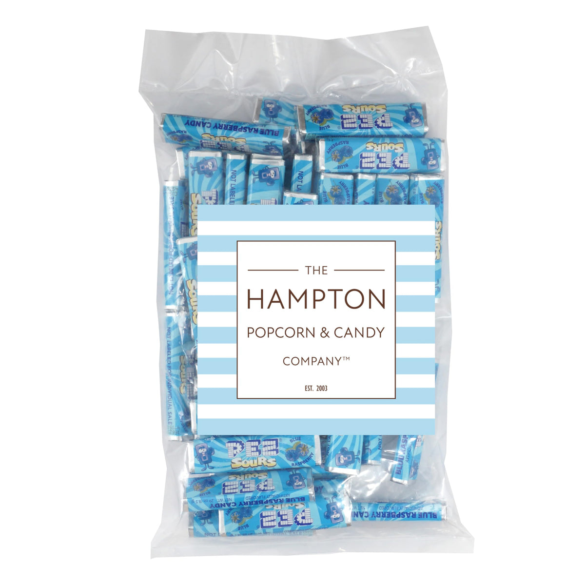 Hampton Candy sour blue raspberry PEZ candies wrapped for convenient snacking and sharing.