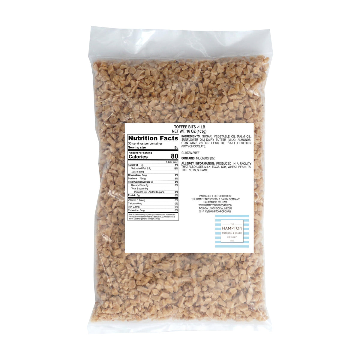 Hampton toffee bits used as ice cream topping adding buttery crunch.