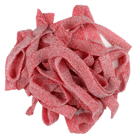 The Hampton Cherry Sour Belts close-up reveals chewy texture and bold cherry flavor.