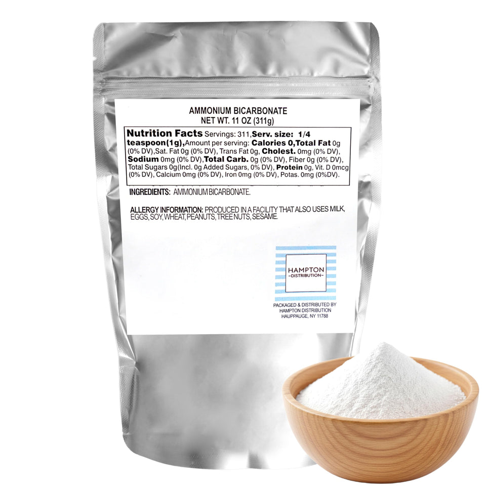 Hampton Distribution ammonium bicarbonate 11 oz bag ready for bakery use, elevating light, crispy textures.