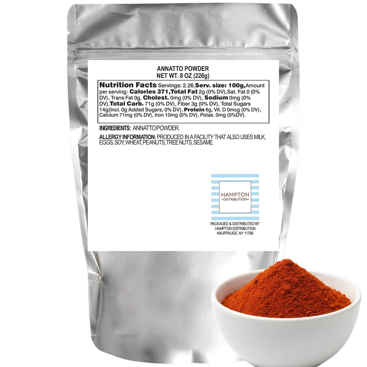 Hampton Distribution annatto powder bag front adds vibrant color to Latin and Caribbean cooking.