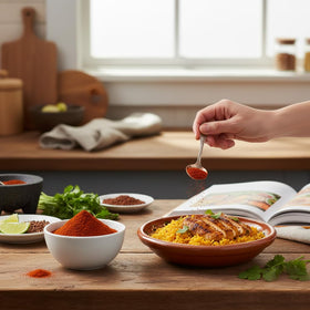 Hampton Distribution annatto powder texture-closeup reveals rich reddish-orange hue.