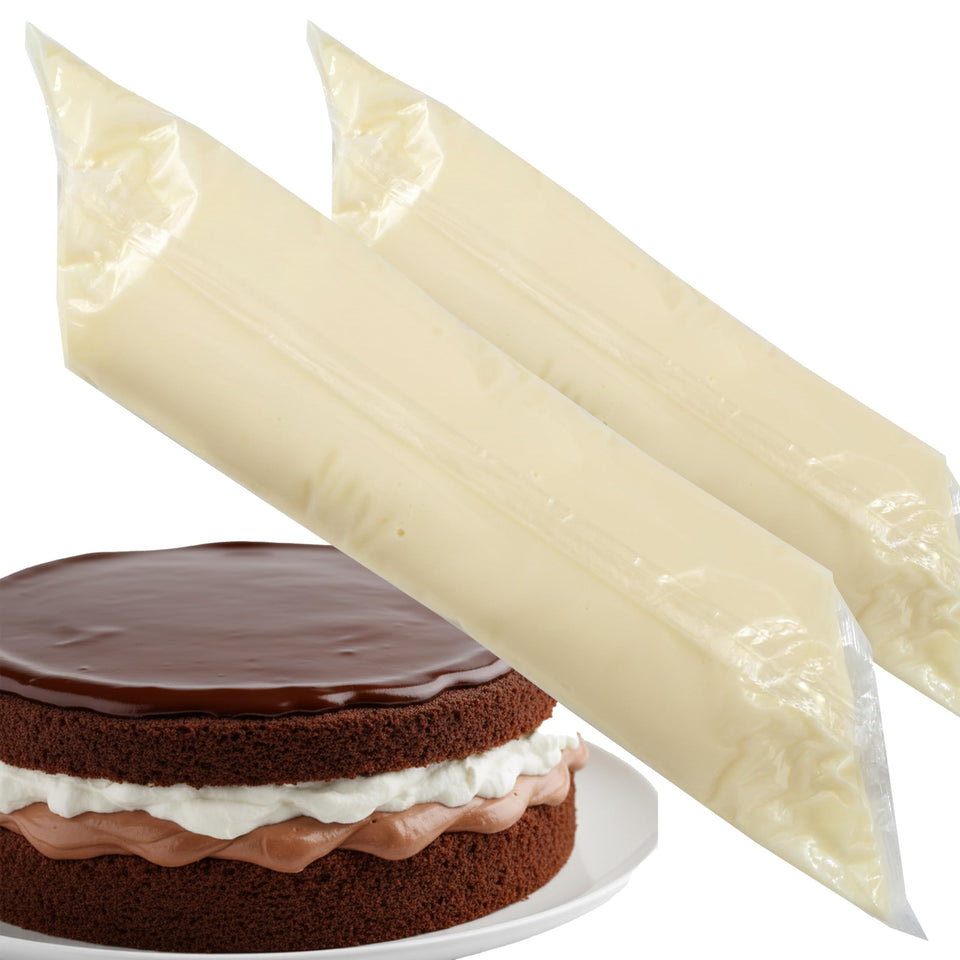 Hampton Distribution Bavarian Creme Pie Filling EZ Squeeze Pak 2 lb, easy piping for tarts.
