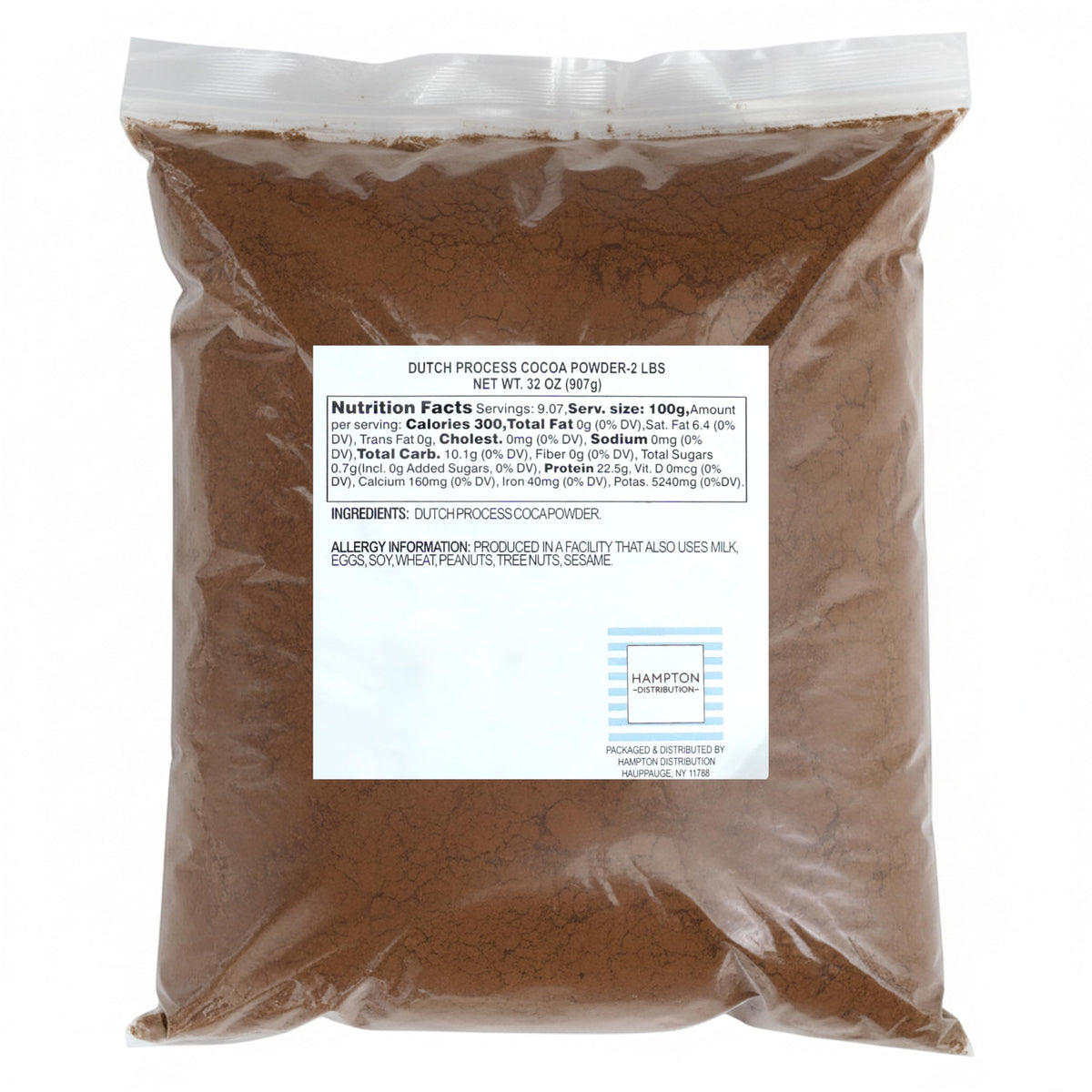 Hampton Distribution Dutch Process Cocoa Powder 2lb bag delivers smooth chocolate flavor for baking.