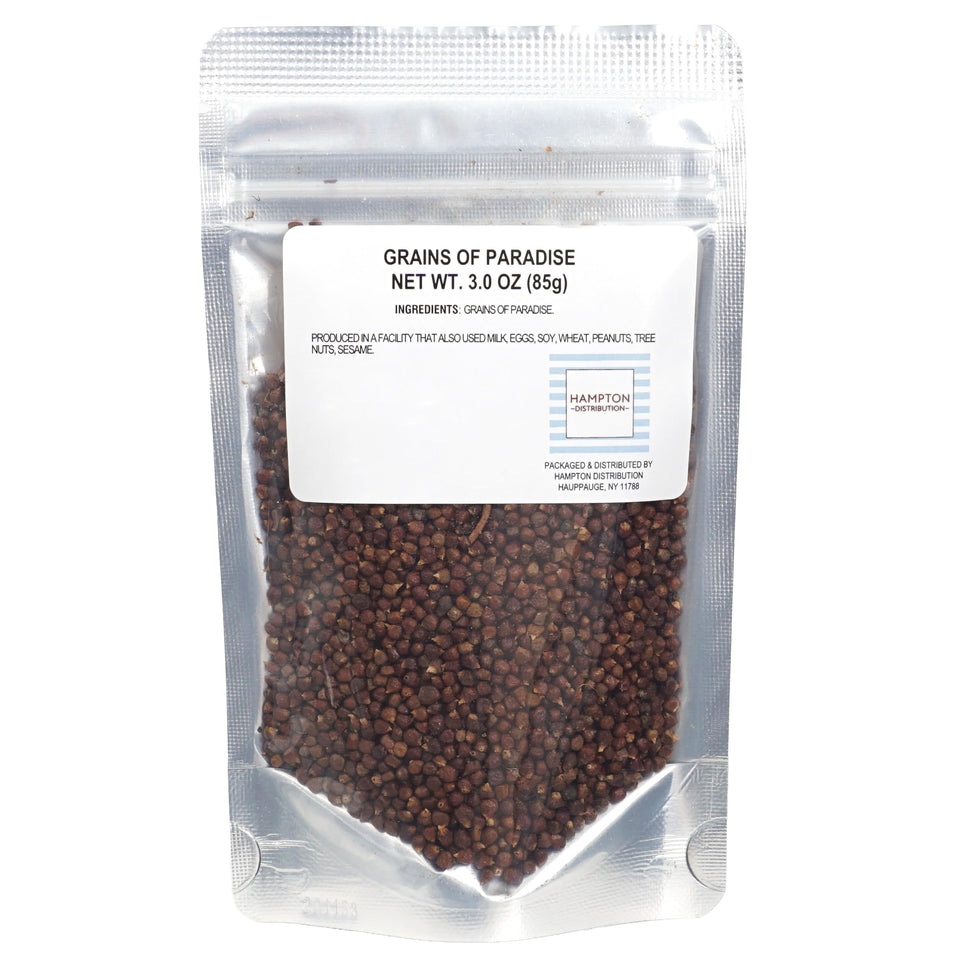 Hampton Distribution Grains of Paradise bag front shows premium spice for finishing dishes.