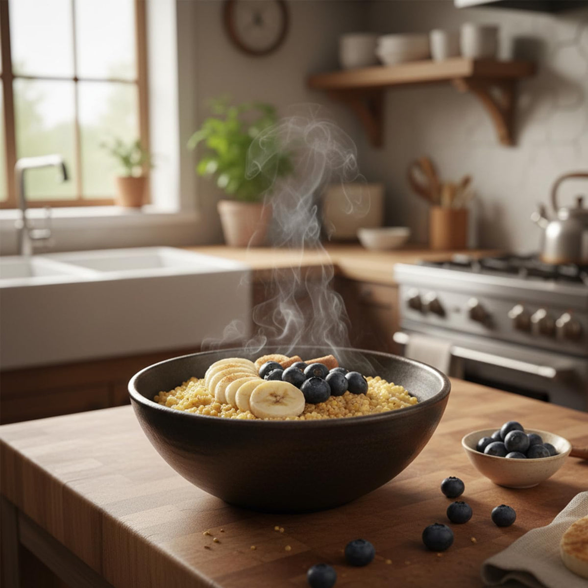 Prepared bowl of Hampton millet suitable for breakfast or a side.