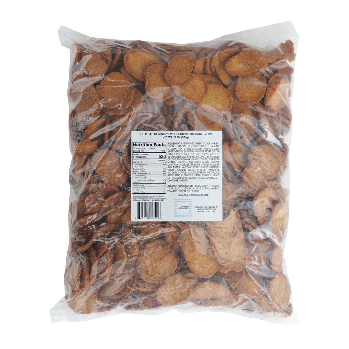 Hampton Distribution Mini Rye Worcestershire Bagel Chips pair with dips and spreads.