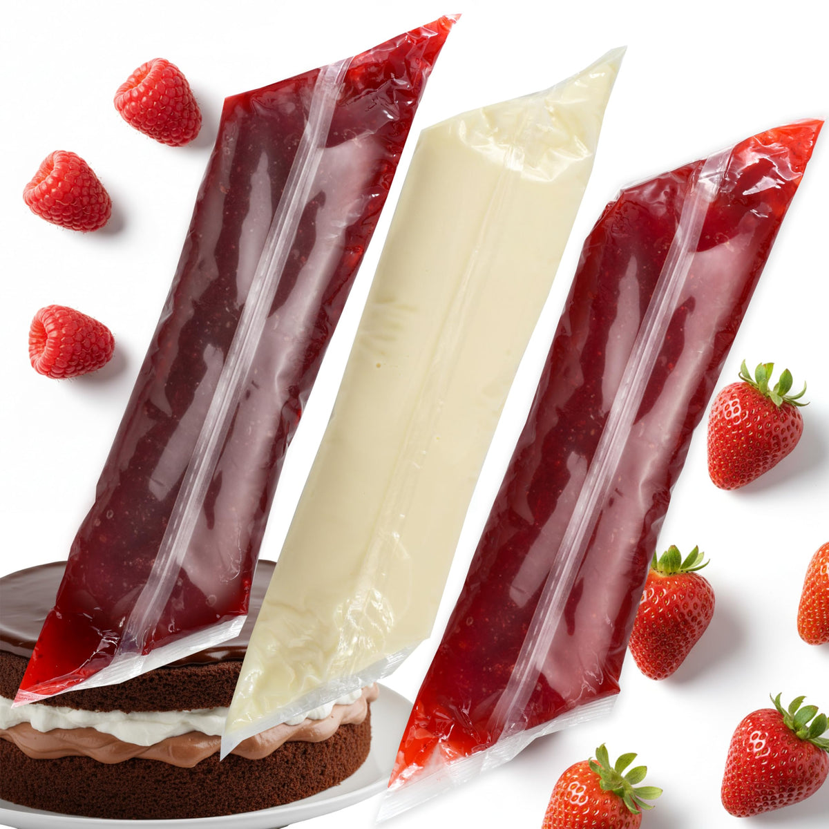 Hampton Distribution pastry filling red raspberry packs for easy tart and cake decorating.