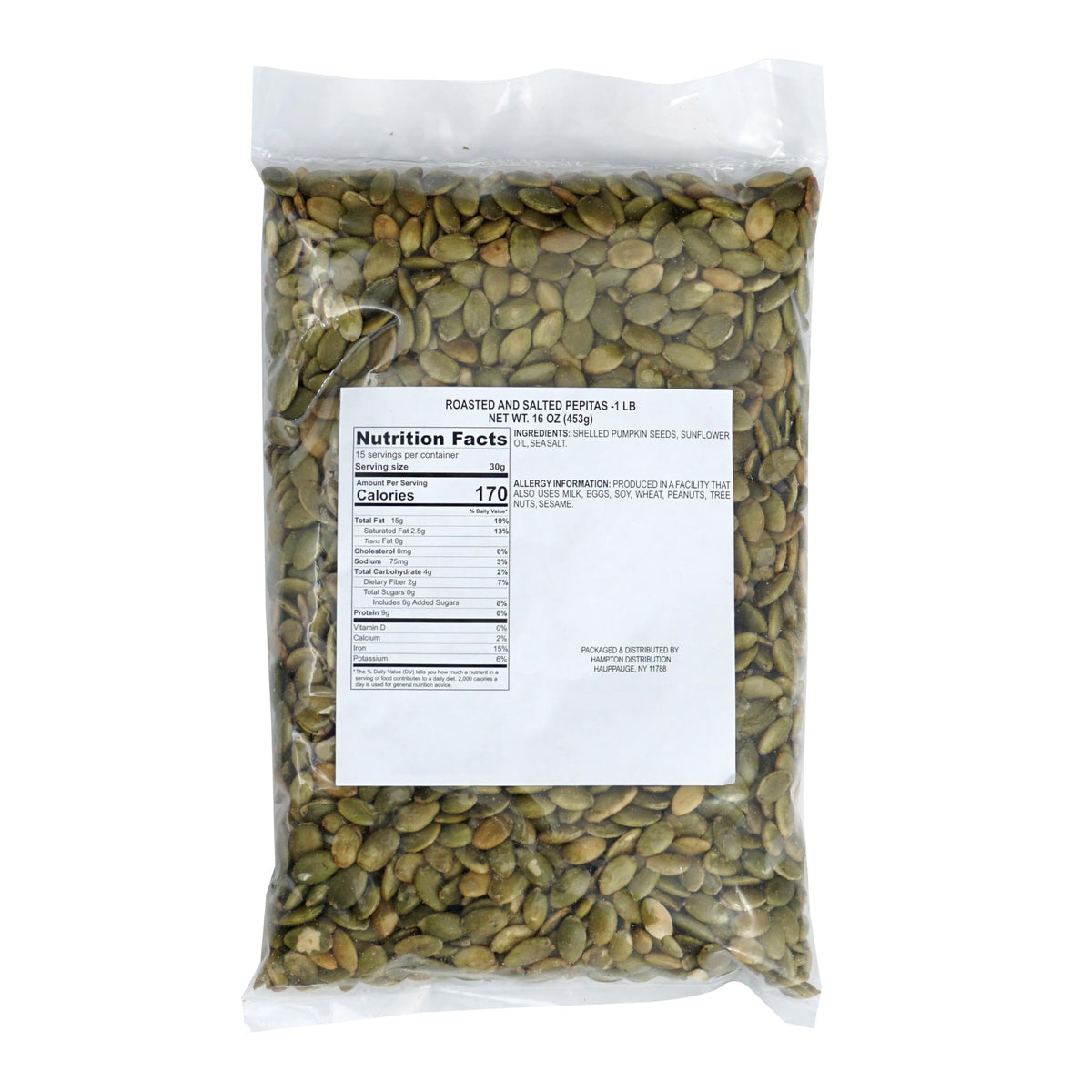 Hampton Distribution pumpkin seeds no-shell packaging, ideal shell-free pepitas for quick bites.
