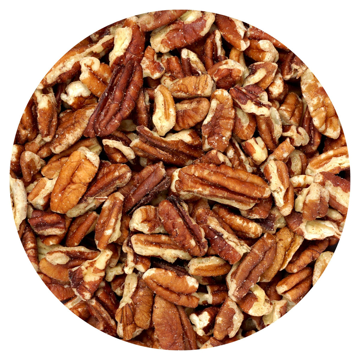 Hampton Distribution raw unsalted pecans bulk bag close-up, ideal for snacking and baking.