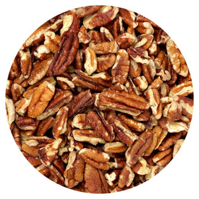 Hampton Distribution raw unsalted pecans bulk bag close-up, ideal for snacking and baking.