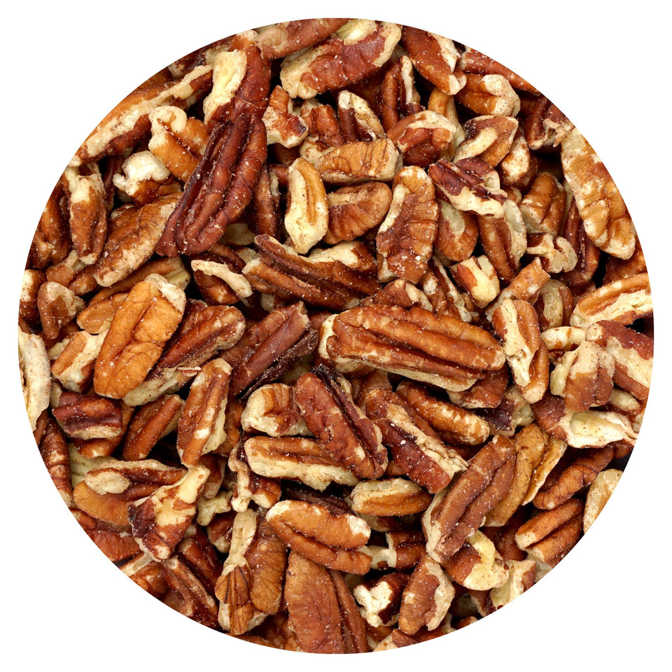 Hampton Distribution raw unsalted pecans bulk bag close-up, ideal for snacking and baking.