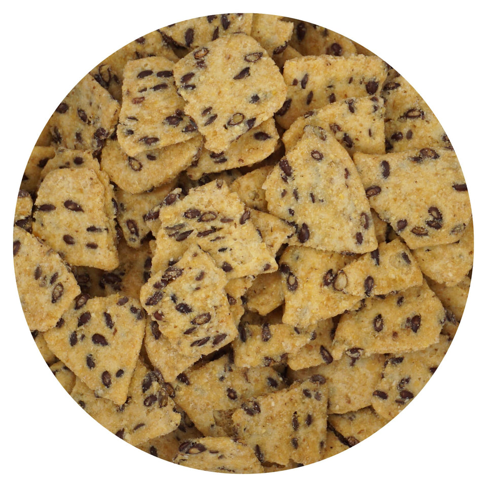 Hampton Distribution salted corn chips with flax 1lb bag front, ideal for entertaining.