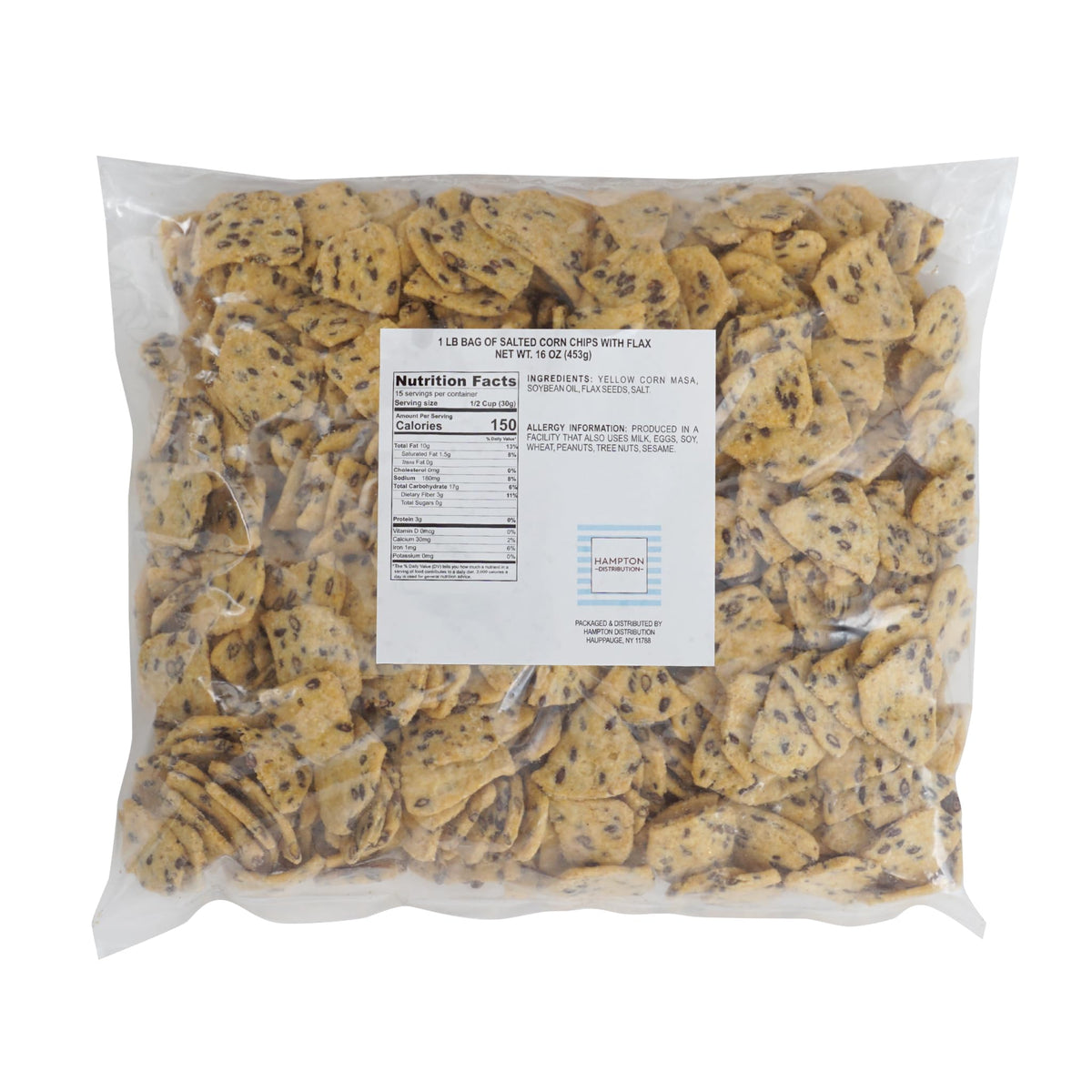 Hampton Distribution salted corn chips with flax 1lb bag side, convenient bulk snack option.